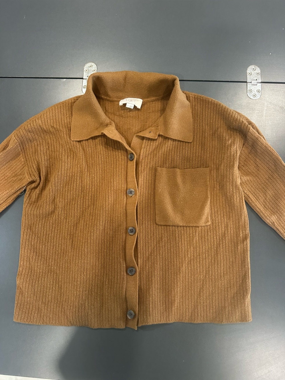 LOFT Brown Ribbed Button Cardigan
